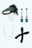 Vestido bodycon midi de los años 20 con escote en V con flecos y flecos verdes de lentejuelas doradas con conjunto de accesorios de 4 piezas