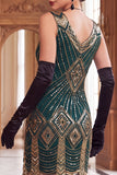 Vestido bodycon midi de los años 20 con escote en V con flecos y flecos verdes de lentejuelas doradas con conjunto de accesorios de 4 piezas