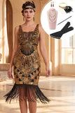 Vestido de los años 20 con jersey bodycon escote dorado y lentejuelas con flecos y 5 piezas