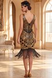 Vestido de los años 20 con jersey bodycon escote dorado y lentejuelas con flecos y 5 piezas