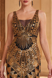 Vestido de los años 20 con jersey bodycon escote dorado y lentejuelas con flecos y 5 piezas
