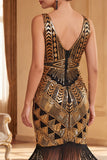 Vestido de los años 20 con jersey bodycon escote dorado y lentejuelas con flecos y 5 piezas