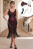 Vestido bodycon de tul con escote en V con flecos negros y lentejuelas rojas de los años 20 con conjunto de accesorios de 5 piezas