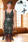 Vestido bodycon de tul en V con flecos de los años 20 con lentejuelas verde oscuro y set de accesorios de 4 piezas