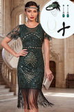 Bodycon conjunto de accesorios de los años 20 con cuello redondo verde oscuro y flecos de lentejuelas verde oscuro de bodycon 4 piezas