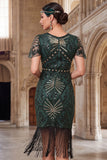 Bodycon conjunto de accesorios de los años 20 con cuello redondo verde oscuro y flecos de lentejuelas verde oscuro de bodycon 4 piezas