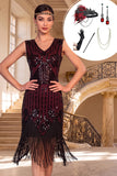 Vestido Bodycon Color Midi de los años 20 con flecos y sepultas negras con 5 piezas y conjunto de accesorios de 5 piezas