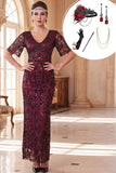 Vestido burdeos con lentejuelas y escote en V de los años 20 con conjunto de accesorios de 5 piezas