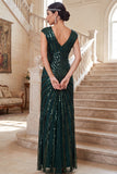 Vestido de tul de los años 20 con escote en V y escote en V verde oscuro con conjunto de accesorios de 4 piezas