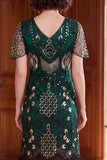 Vestido bodycon escote en V verde oscuro con flecos y conjunto de accesorios de 4 piezas