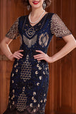 Vestido de los años 20, bodycon con flecos y sepulcro plateado negro y conjunto de accesorios de 5 piezas