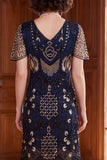 Vestido de los años 20, bodycon con flecos y sepulcro plateado negro y conjunto de accesorios de 5 piezas