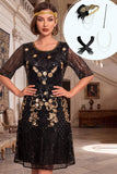 Vestido de los años 20 con conjunto de accesorios de 4 piezas de cuello redondo dorado negro