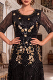 Vestido de los años 20 con conjunto de accesorios de 4 piezas de cuello redondo dorado negro