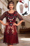Vestido de los años 20 con conjunto de accesorios de 4 piezas de cuello redondo negro rojo