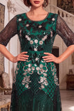 Vestido de los años 20 con conjunto de accesorios de 4 piezas de cuello redondo verde oscuro manga media línea A