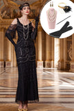 Vestido largo negro de lentejuelas con flecos y funda de los años 20 con conjunto de accesorios de 5 piezas