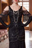 Vestido largo negro de lentejuelas con flecos y funda de los años 20 con conjunto de accesorios de 5 piezas