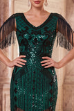 Vestido bodycon midi de los años 20 con escote en V verde oscuro y flecos con conjunto de accesorios de 4 piezas