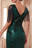 Vestido bodycon midi de los años 20 con escote en V verde oscuro y flecos con conjunto de accesorios de 4 piezas