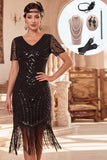 Vestido midi de los años 20 con escote en V y cuentas con cuello en V y lentejuelas, bodycon flecos y conjuntos de accesorios de 4 piezas