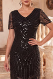 Vestido midi de los años 20 con escote en V y cuentas con cuello en V y lentejuelas, bodycon flecos y conjuntos de accesorios de 4 piezas
