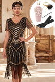 Vestido Bodycon Midi de los años 20 con escote en V y lentejuelas doradas negras con flecos y conjunto de accesorios de 4 piezas