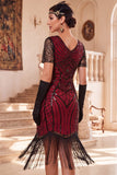 Vestido midi de los años 20, con escote en V negro rojo y flecos, con accesorios de 4 piezas