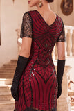 Vestido midi de los años 20, con escote en V negro rojo y flecos, con accesorios de 4 piezas