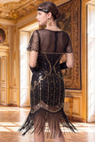 Vestido Bodycon Midi de los años 20 con escote en V y lentejuelas doradas negras con flecos y conjunto de accesorios de 4 piezas