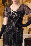 Vestido bodycon midi de los años 20 con escote en V plateado y lentejuelas negras con flecos y conjunto de accesorios de 5 piezas