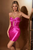 Elegante vestidos de coctel de corsé de satén fucsia Bodycon Sweetheart