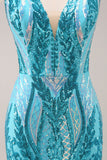 Vestido de fiesta ajustado con escote en V y lentejuelas azules brillantes