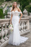 Vestido de novia de tul sirena con corsé blanco brillante con hombros descubiertos con lentejuelas