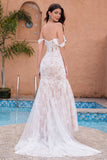 Vestido de novia de sirena blanca con hombros descubiertos con encaje de apliques