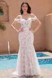 Vestido de novia de sirena blanca con hombros descubiertos con encaje de apliques