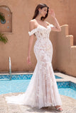 Vestido de novia de sirena blanca con hombros descubiertos con encaje de apliques