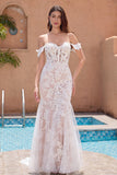 Vestido de novia de sirena blanca con hombros descubiertos con encaje de apliques