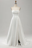 Elegante vestido de novia blanco una línea sin tirantes plisado de barrido de tren con división