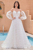 Vestido de novia blanco de encaje con apliques de corazón de una línea A Line con mangas desmontables