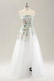 Vestido de novia blanco A Line Strapless Tulle con abertura larga con flores 3D