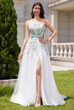 Vestido de novia blanco A Line Strapless Tulle con abertura larga con flores 3D