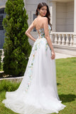 Vestido de novia blanco A Line Strapless Tulle con abertura larga con flores 3D