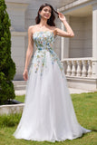 Vestido de novia blanco A Line Strapless Tulle con abertura larga con flores 3D