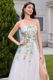 Vestido de novia blanco A Line Strapless Tulle con abertura larga con flores 3D