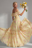 Vestido largo de dama de honor largo de gasa con volantes en línea A-line rosa amarillo rosado