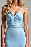 Vestido de fiesta largo con escote en V fruncido azul cielo