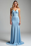 Vestido de fiesta largo con escote en V fruncido azul cielo