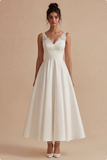 Vestido de compromiso Maxi blanco de escote en V con línea A y encaje