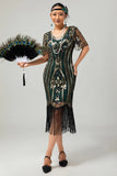 Vestido ajustado con flecos de lentejuelas doradas y brillantes de los años 1920
